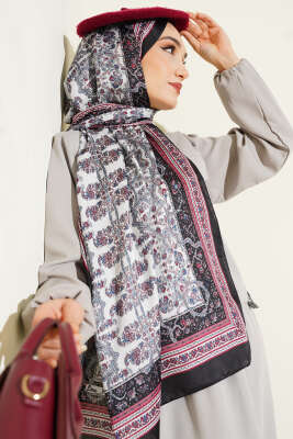 Minik Çiçek Motifli Soft Şal Siyah Ekru - MODA KAPRİS