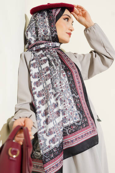 Minik Çiçek Motifli Soft Şal Siyah Ekru - Başörtüsü