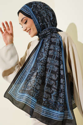Minik Çiçek Motifli Soft Şal Siyah Mavi - Başörtüsü