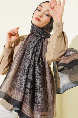 Minik Çiçek Motifli Soft Şal Siyah Vizon - MODA KAPRİS