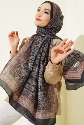 Minik Çiçek Motifli Soft Şal Siyah Vizon - Başörtüsü