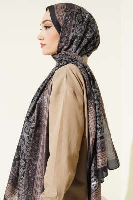 Minik Çiçek Motifli Soft Şal Siyah Vizon - Başörtüsü