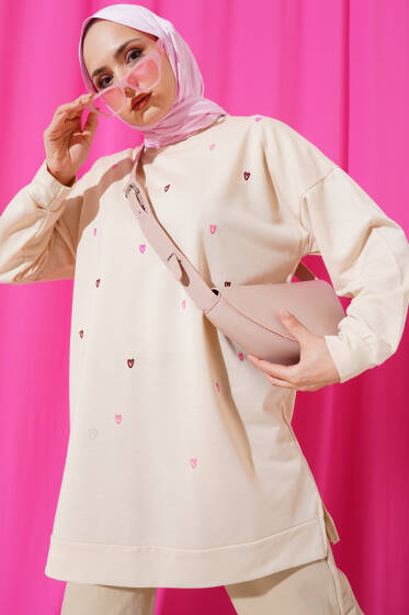 Minik Kalp Nakışlı Tunik Bej - Tunik