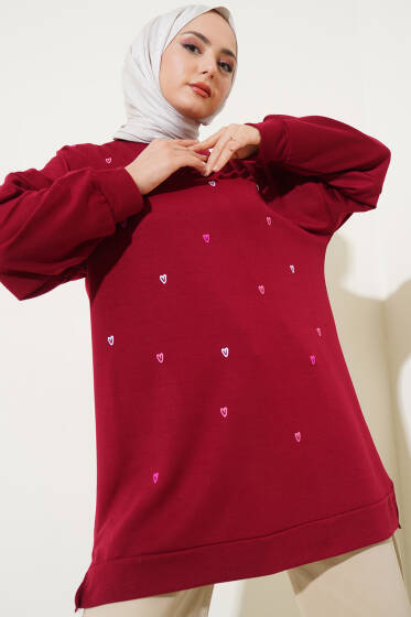 Minik Kalp Nakışlı Tunik Bordo - Tunik