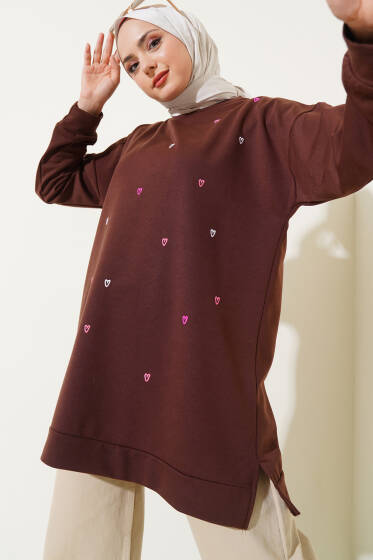 Minik Kalp Nakışlı Tunik Kahve - Tunik