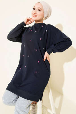 Minik Kalp Nakışlı Tunik Lacivert - TEGOE