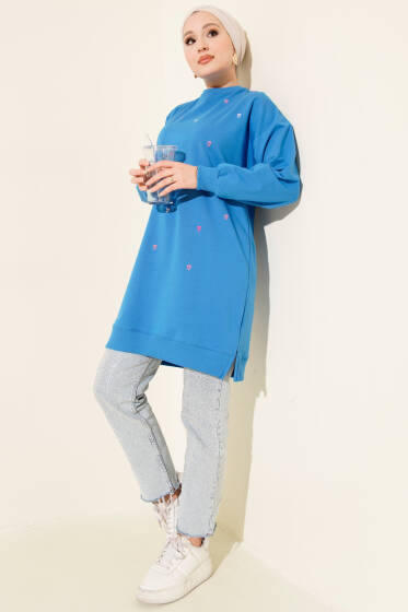 Minik Kalp Nakışlı Tunik Mavi - Tunik