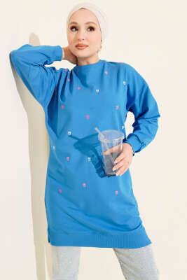Minik Kalp Nakışlı Tunik Mavi - Tunik