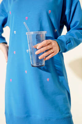 Minik Kalp Nakışlı Tunik Mavi - Tunik