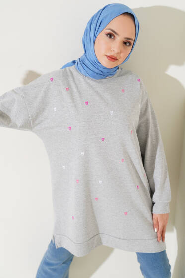 Minik Kalp Nakışlı Tunik Melanj Gri - Tunik
