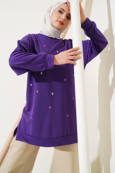 Minik Kalp Nakışlı Tunik Menekşe - Tunik