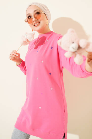 Minik Kalp Nakışlı Tunik Pembe - Tunik