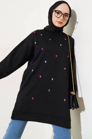 Minik Kalp Nakışlı Tunik Siyah - Tunik