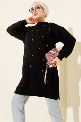 Minik Kalp Nakışlı Tunik Siyah - TEGOE