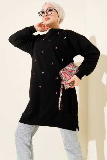 Minik Kalp Nakışlı Tunik Siyah - Tunik