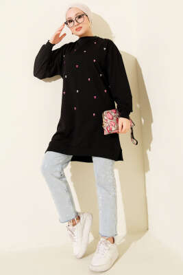Minik Kalp Nakışlı Tunik Siyah - Tunik