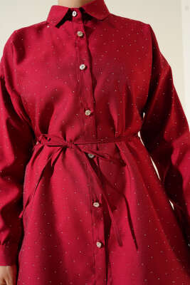Minik Taş Süslemeli Gömlek Bordo - 300-500 TL Ürünler