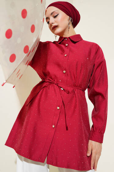 Minik Taş Süslemeli Gömlek Bordo - Gömlek