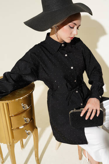 Minik Taş Süslemeli Gömlek Siyah - Gömlek