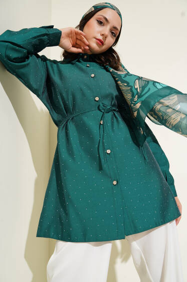 Minik Taş Süslemeli Gömlek Yeşil - Gömlek