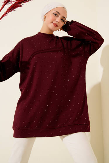 Minik Taş Süslemeli Loyşa Tunik Bordo - Tunik