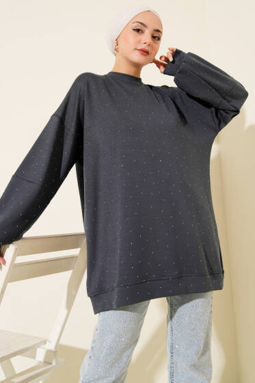 Minik Taş Süslemeli Loyşa Tunik Füme - Tunik