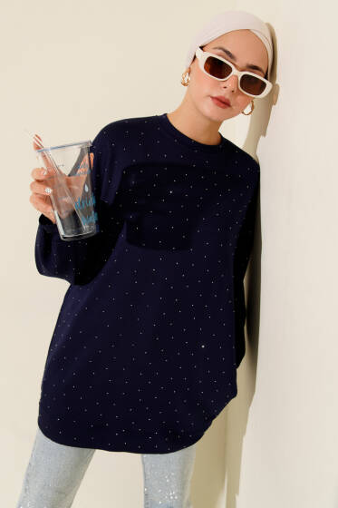 Minik Taş Süslemeli Loyşa Tunik Lacivert - Tunik