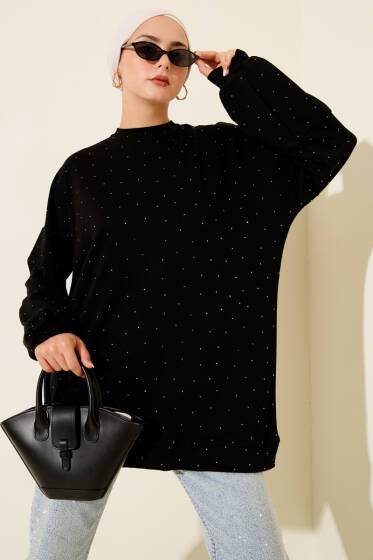 Minik Taş Süslemeli Loyşa Tunik Siyah - Tunik