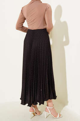 Minik Taşlı Pileli Etek Acı Kahve - Uzun Etek