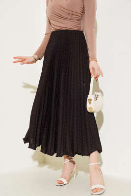 Minik Taşlı Pileli Etek Acı Kahve 