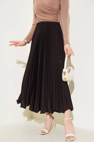 Minik Taşlı Pileli Etek Acı Kahve - Uzun Etek