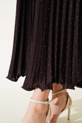 Minik Taşlı Pileli Etek Acı Kahve - Uzun Etek