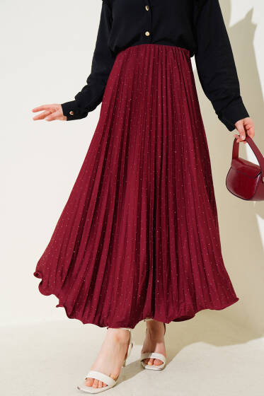 Minik Taşlı Pileli Etek Bordo - Etek