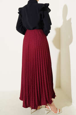 Minik Taşlı Pileli Etek Bordo - Uzun Etek