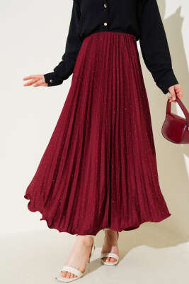 Minik Taşlı Pileli Etek Bordo