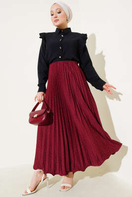 Minik Taşlı Pileli Etek Bordo - Uzun Etek