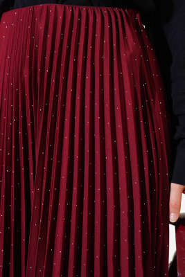 Minik Taşlı Pileli Etek Bordo - Uzun Etek