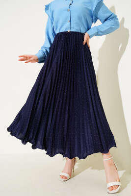 Minik Taşlı Pileli Etek Lacivert 