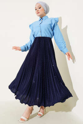 Minik Taşlı Pileli Etek Lacivert - Uzun Etek