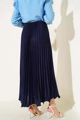 Minik Taşlı Pileli Etek Lacivert - Uzun Etek