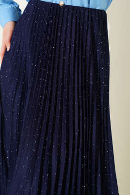 Minik Taşlı Pileli Etek Lacivert - Uzun Etek