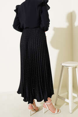 Minik Taşlı Pileli Etek Siyah - Uzun Etek