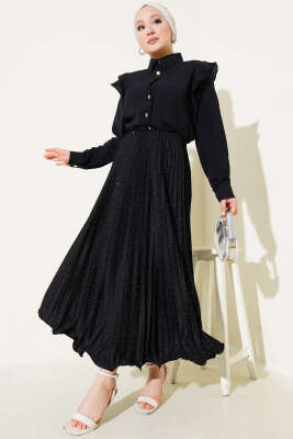 Minik Taşlı Pileli Etek Siyah - Uzun Etek