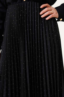 Minik Taşlı Pileli Etek Siyah - Uzun Etek