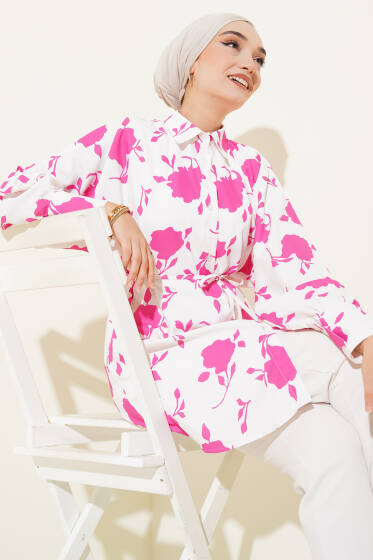 Minik Yaprak Desenli İp Kuşaklı Gömlek Fuşya - Gömlek