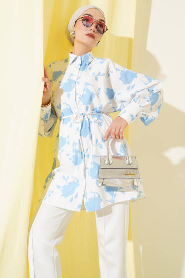 Minik Yaprak Desenli İp Kuşaklı Gömlek Mavi - Tunik