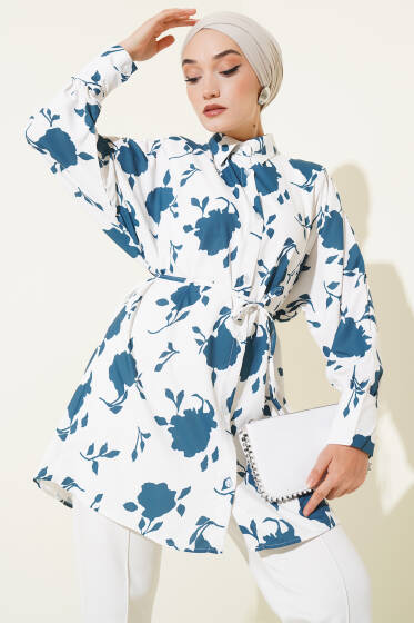 Minik Yaprak Desenli İp Kuşaklı Gömlek Petrol - Gömlek