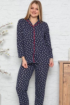 Minimal Kalp Desen Lacivert Pijama Takımı - Thumbnail