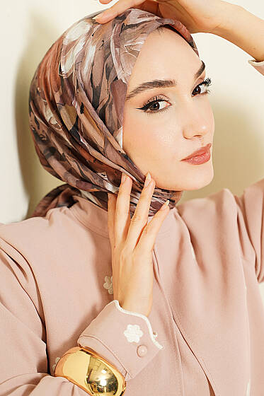 Mist Ebruli Desen Bambu Kraş Eşarp Kum Bej - Başörtüsü