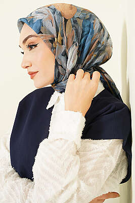 Mist Ebruli Desen Bambu Kraş Eşarp Lacivert 